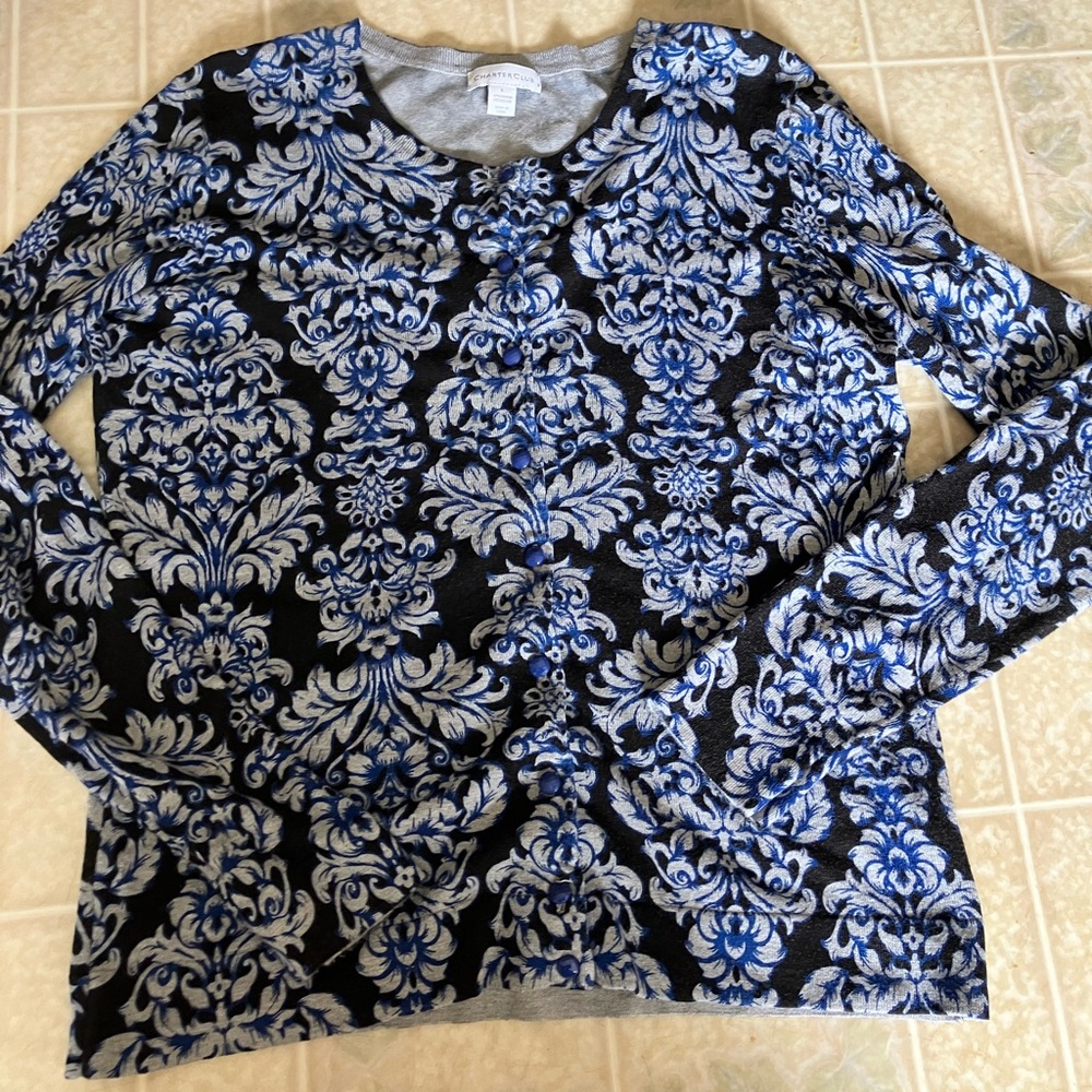 Charter club blue black Fleur De Lis Button Front Cardigan